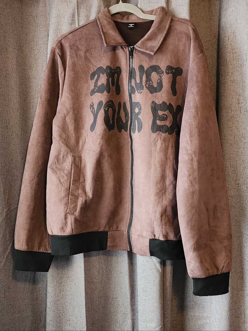 Manfinity XL Brown Bomber Jacket“I’m Not Your Ex” Streetwear Zip Faux Suede Fall